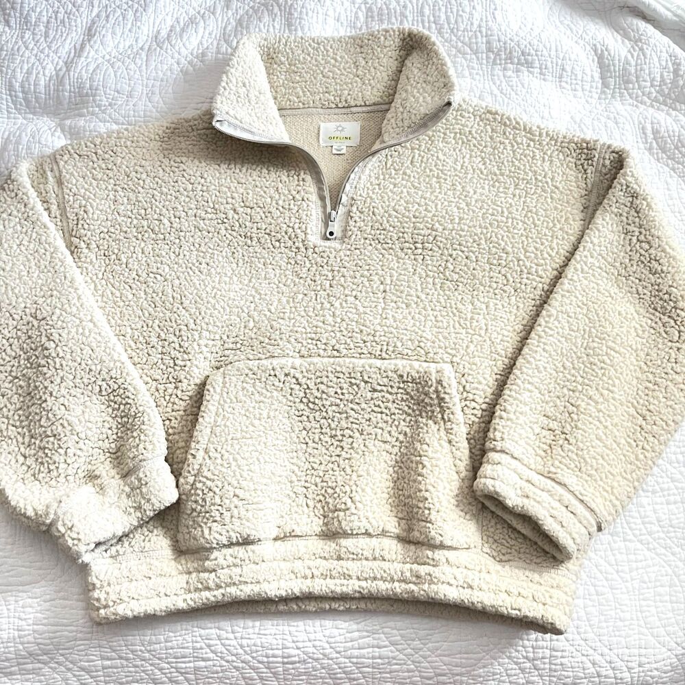 aerie Offline Sherpa Pull Over 1/4 Zip Cream Cropped Sweatshirt Large Lounge - Picture 3 of 9